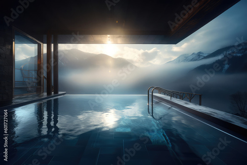 back view young adult female person enjoy relax in infinity edge luxury outdoor swimming pool looking on fog hill green mountains in warm sunset light. Alpine welness travel vacation, generative AI © Kien