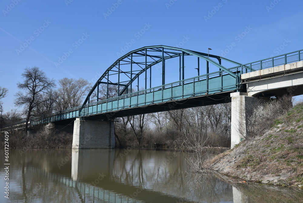 Green metal bridge in Panchevo, Serbia, acrois river Tamis Green metal bridge in Panchevo, Serbia, acrois river Tamis