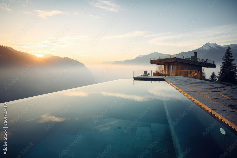 back view young adult female person enjoy relax in infinity edge luxury outdoor swimming pool looking on fog hill green mountains in warm sunset light. Alpine welness travel vacation, generative AI