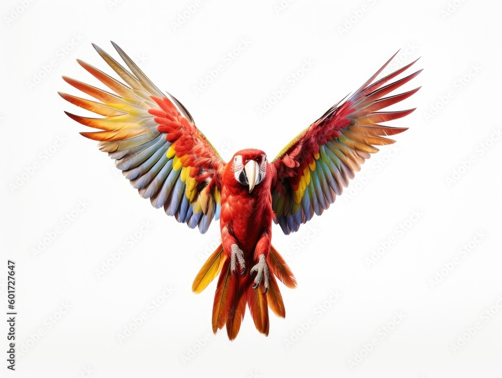 Fototapeta premium Vibrant parrot flying white background, Generative AI Technology