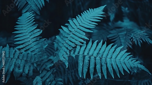 Beautiful dark turquoise nature background. Fern leaves. Toned blue frond background for design. Generative AI. © hugo