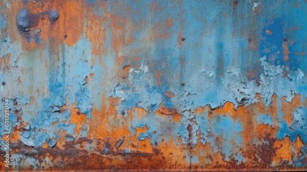 Rusty metal plate background. Orange blue abstract grunge texture background. Old rusty painted wall surface. Generative AI.