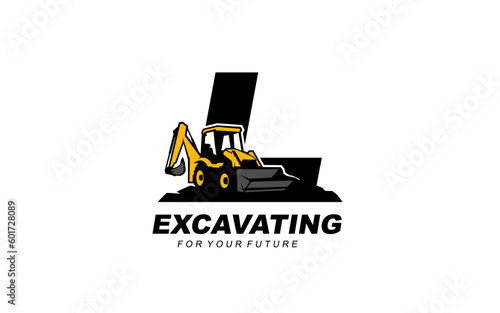 L logo excavator backhoe for construction company. Heavy equipment template vector illustration for your brand.