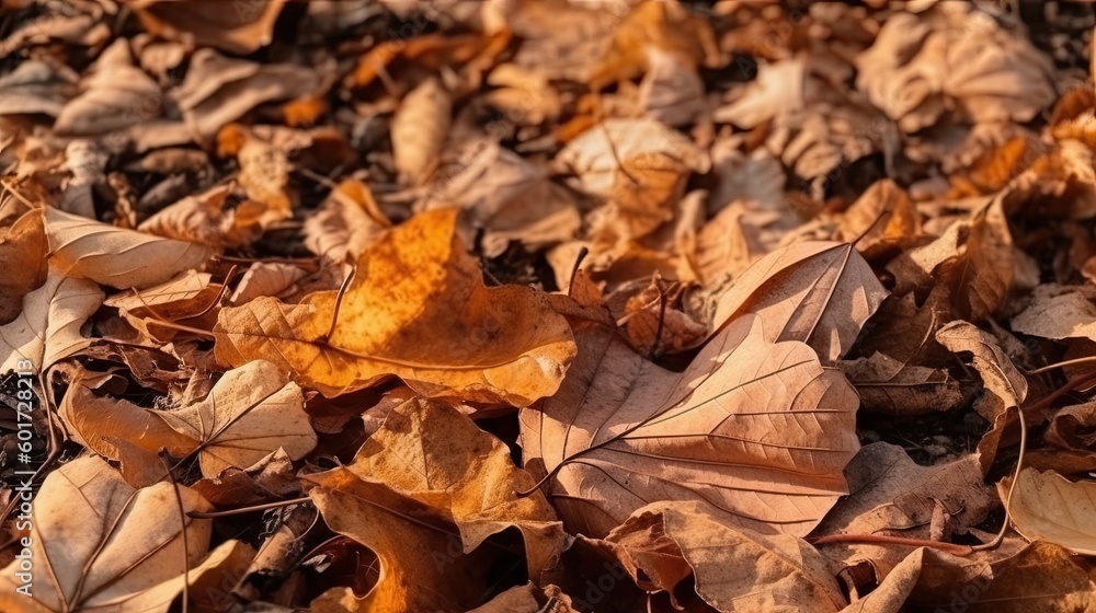 Fallen leaves texture background. Yellow brown orange dry leaves on the ground. Autumn leaves in the forest on a sunny day. Generative AI. Fallen leaves texture background. Yellow brown orange dry leaves on the ground. Autumn leaves in the forest on a sunny day. Generative AI.