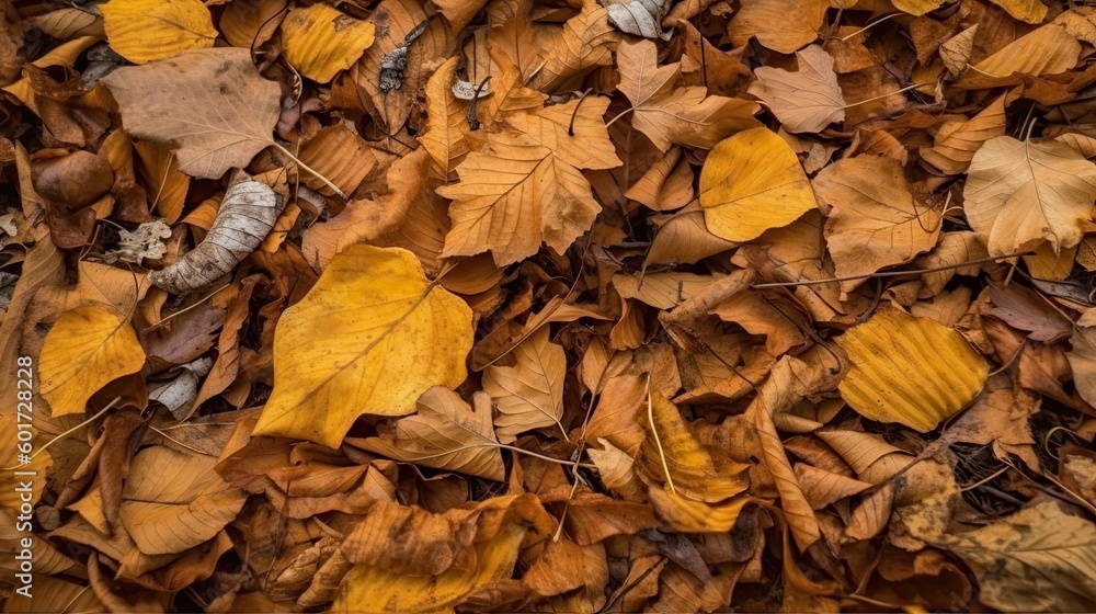 Fallen leaves texture background. Yellow brown orange dry leaves on the ground. Autumn leaves in the forest on a sunny day. Generative AI. Fallen leaves texture background. Yellow brown orange dry leaves on the ground. Autumn leaves in the forest on a sunny day. Generative AI.