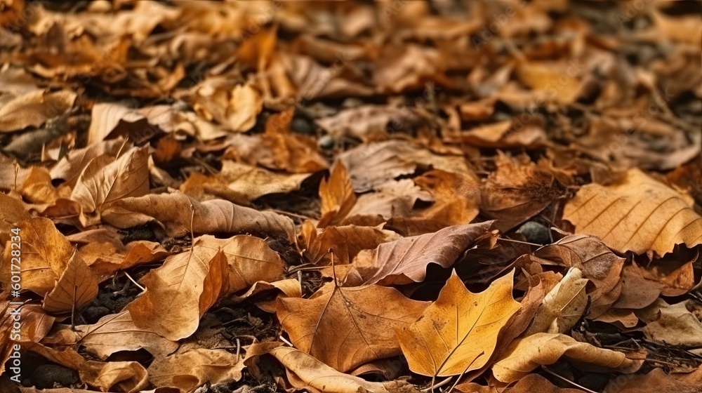 Fallen leaves texture background. Yellow brown orange dry leaves on the ground. Autumn leaves in the forest on a sunny day. Generative AI.