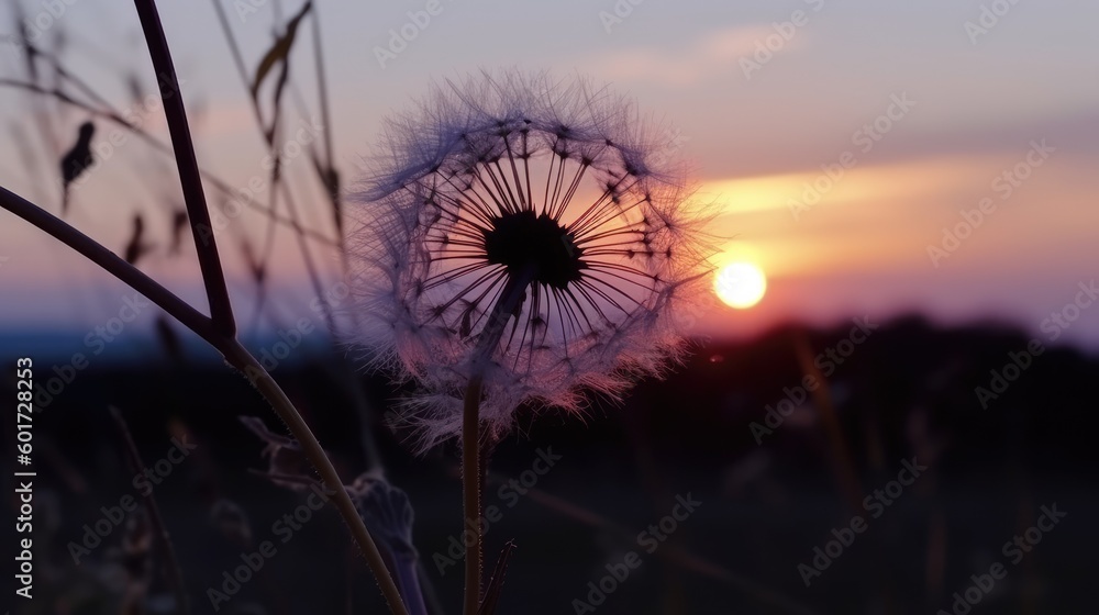 Dry plant with seeds against the sky. It looks like a dandelion. Pink purple sunset. Wildflower seeds in the wind. Generative AI.