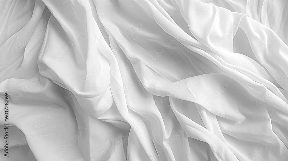 Abstract white background. Crumpled fabric texture. Polypropylene. Wide white banner. The texture of the rough surface of artificial fabric. Generative AI. Abstract white background. Crumpled fabric texture. Polypropylene. Wide white banner. The texture of the rough surface of artificial fabric. Generative AI.