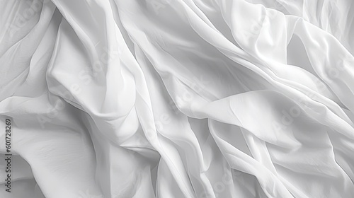Abstract white background. Crumpled fabric texture. Polypropylene. Wide white banner. The texture of the rough surface of artificial fabric. Generative AI.