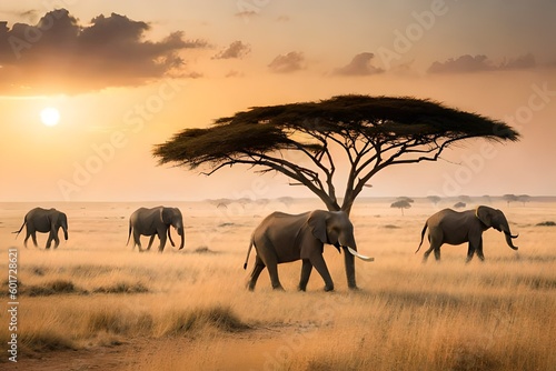 herd of elephants at sunset with a lone tree