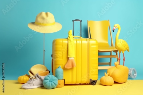 summertime concept summer blue sunglasses flamingo travel yellow background vacation suitcase. Generative AI.