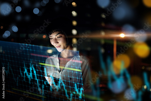 Business woman, tablet and dashboard at night of stock market, trading or graph and chart data at office. Female trader or broker working late on technology checking trends, analytics or statistics