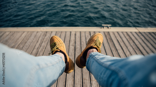 Obraz na plátně POV view of legs out looking at the sea in the harbor