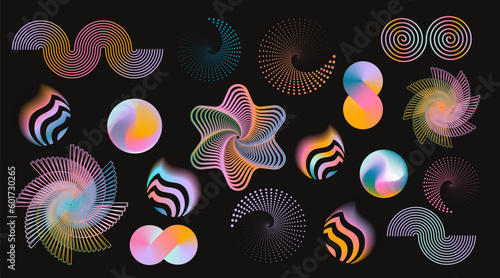 Collection of Y2K elements for design in futuristic style. Set of vector abstract geometric shapes with shiny holographic effect