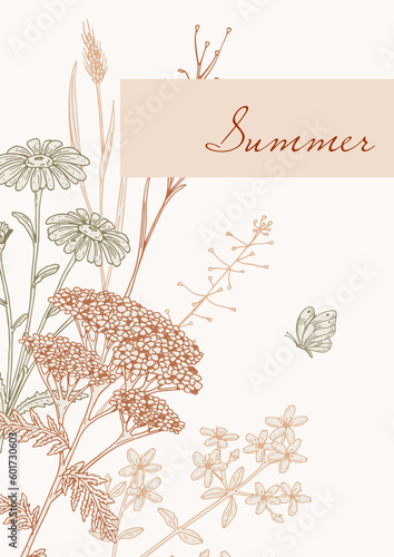 Hand drawn summer wildflowers design. Vector illustration in sketch style. Meadow flowers aesthetic background