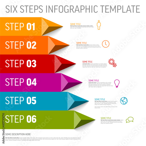 Simple infographic with six steps on big stripes and arrows