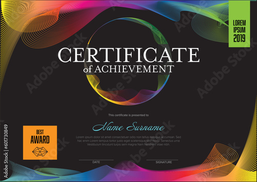 Modern fresh, certificate template layout with rainbow curved lines on black background photo