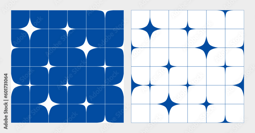 Seamless Patterns Set with Sparkle Star Shapes and Wireframe Mesh. Vector Abstract Geometric Texture in White and Blue Colors