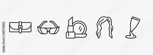 woman clothing outline icons set. woman clothing icons such as female wallet, glasses for eyes, makeup, hair wig with side, creme container black vector. can be used web and mobile.