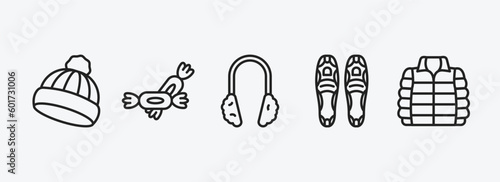 winter outline icons set. winter icons such as winter cap, candy, earmuffs, snowshoes, anorak vest vector. can be used web and mobile.
