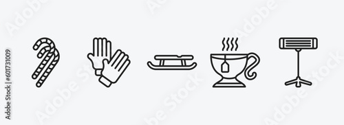 winter outline icons set. winter icons such as candy cane, winter clothes, sled, hot tea, electric heater vector. can be used web and mobile.