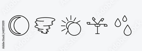 weather outline icons set. weather icons such as waning moon, tornado, eclipse, anemometer, drops vector. can be used web and mobile.