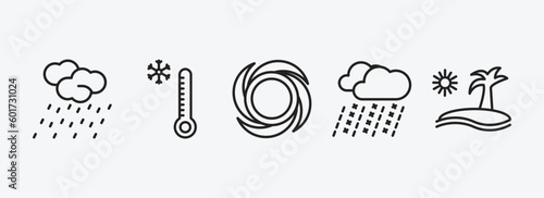 weather outline icons set. weather icons such as steady rain, cold, hurricane, sleet, subtropical climate vector. can be used web and mobile.