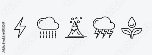 weather outline icons set. weather icons such as light bolt, smog, volcano, stormy, dew vector. can be used web and mobile.