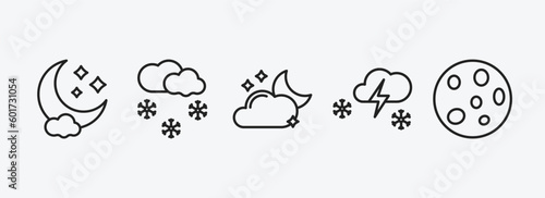 weather outline icons set. weather icons such as night, snowing, cloudy night, thundersnow, full moon vector. can be used web and mobile.