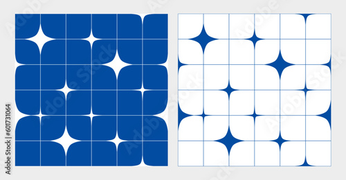 Seamless Patterns Set with Sparkle Star Shapes and Wireframe Mesh. Vector Abstract Geometric Texture in White and Blue Colors