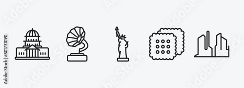 united states of america outline icons set. united states of america icons such as washington, gramophone, statue of liberty, cracker, grand canyon vector. can be used web and mobile.