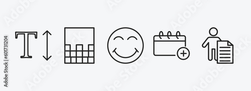 user interface outline icons set. user interface icons such as text height, gradient, joyful smile, add event, man certificate vector. can be used web and mobile.