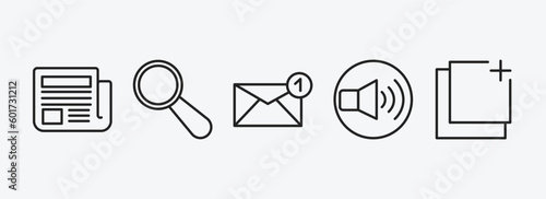 user interface outline icons set. user interface icons such as folded newspaper, looking, new email envelope, volume button, new tab button vector. can be used web and mobile.