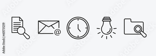 user interface outline icons set. user interface icons such as search file, email evelope, hours, tungsten, search in folder vector. can be used web and mobile.