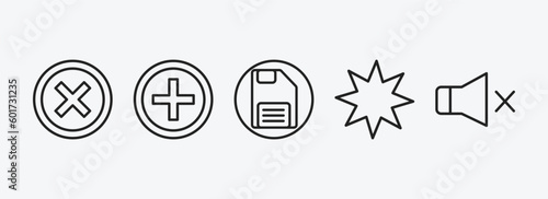 user interface outline icons set. user interface icons such as round delete button, round add button, floppy disk save button, pointed star, sound off vector. can be used web and mobile.