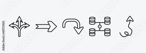 user interface outline icons set. user interface icons such as three arrows, curved right arrow, downward rotation, data interconnected, up arrow with scribble vector. can be used web and mobile.