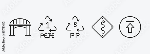 user interface outline icons set. user interface icons such as bridge, 1 pete, 5 pp, curvy road warning, upload button vector. can be used web and mobile.