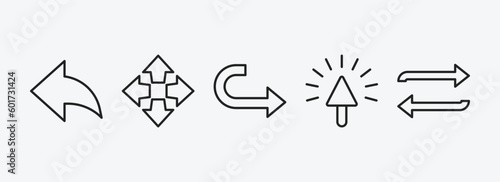 user interface outline icons set. user interface icons such as arrow address back, four expand arrows, curve right arrow, mouse clicker, replay arrows vector. can be used web and mobile.