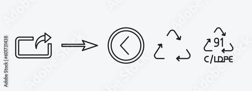 user interface outline icons set. user interface icons such as export arrow, arrow pointing right, round left button, recycable, 91 c/ldpe vector. can be used web and mobile.