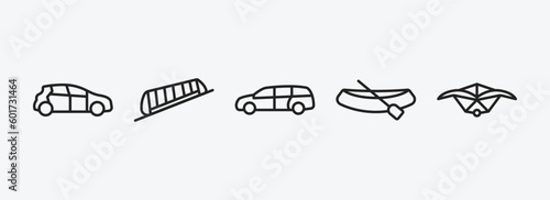transportation outline icons set. transportation icons such as compact car, funicular railway, minivan, dugout canoe, hang glider vector. can be used web and mobile.