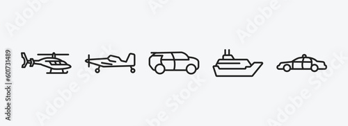 transportation outline icons set. transportation icons such as helicopter profile, crop duster, eco-friendly transport, cruiser, police car vector. can be used web and mobile.