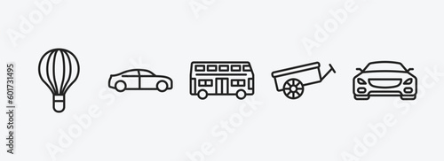 transportation outline icons set. transportation icons such as hot air balloon, sedan, double decker bus, oxcart, car frontal view vector. can be used web and mobile.