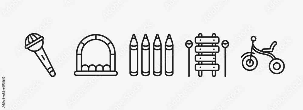 Fototapeta premium toys outline icons set. toys icons such as microphone toy, bouncy castle toy, crayons toy, xylophone tricycle vector. can be used web and mobile.