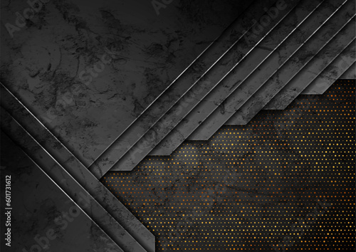 Dark grey abstract tech geometric grunge background with glitter golden dots. Vector graphic design