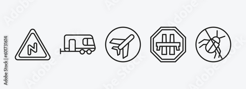 traffic signs outline icons set. traffic signs icons such as right reverse bend, caravan, airport, motorway, no insects vector. can be used web and mobile.