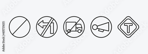 traffic signs outline icons set. traffic signs icons such as no entry, no turn, no trucks, horn, t junction vector. can be used web and mobile.