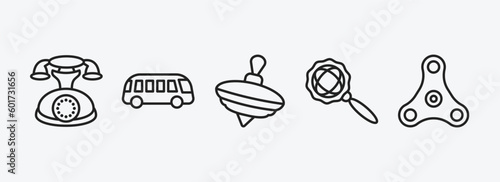 toys outline icons set. toys icons such as telephone toy, bus toy, spinning top toy, rattle spinner vector. can be used web and mobile.