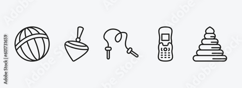 toys outline icons set. toys icons such as beach ball toy, spinning toy, skipping rope toy, phone circle vector. can be used web and mobile.