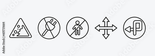 traffic signs outline icons set. traffic signs icons such as falling rocks, no plug, no children, crossroads, degree curve road vector. can be used web and mobile.