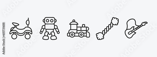 toys outline icons set. toys icons such as ride on toy, robot toy, train toy, puppy guitar vector. can be used web and mobile.